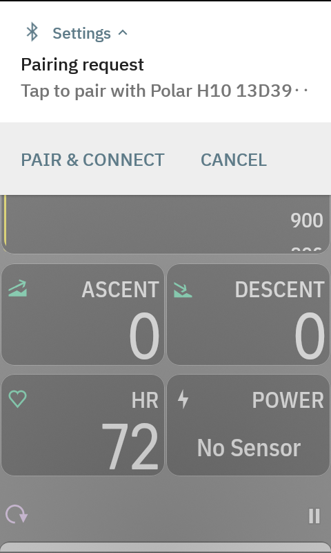 The Karoo notification shade showing 'Pairing request — Tap to pair with Polar H10' with a PAIR & CONNECT button, over a ride page reading HR 72